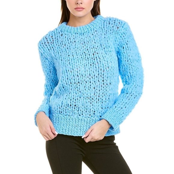 Tory Burch Blue Crew Neck Chunky Knit Pebbled Organza Sweater Size XL NWT